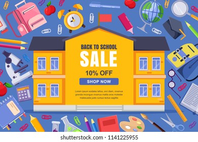 Yellow school building frame with copy space. Back to school sale vector banner, poster template. Colorful stationery supplies background. Education concept.