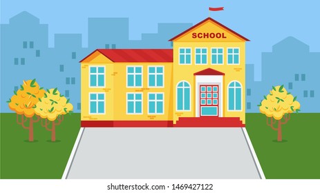 Yellow school building with a red roof on a urban background. Poster for advertising education, training.