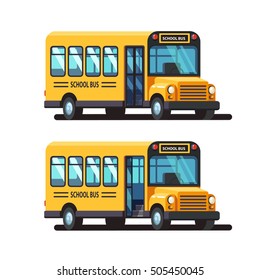 Yellow school bus 3d side view with closed and opened doors. Colorful flat style vector illustration isolated on white background.