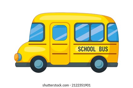 Yellow School Bus. American Transport For School And Kindergarten. Vector Illustration In Cartoon Childish Style. Isolated Funny Clipart On White Background. Cute Print