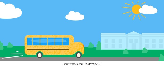 Yellow school bus arriving to school. Abstract landscape. Flat cartoon vector illustration, elements are isolated