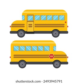 Yellow School Bus. Back to school concept. Front and back view. Flat vector illustration isolated on white background