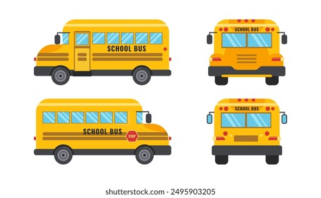 Yellow School Bus. Back to school concept. Front and back view. Flat vector illustration isolated on white background