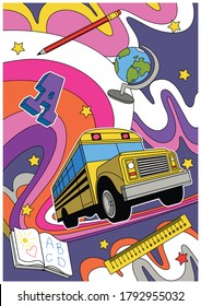 Autobús escolar amarillo de vuelta a la ilustración escolar, ondas de color y objetos de clase