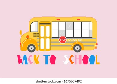 Autobús escolar amarillo.De vuelta a la escuela. Afiche rosa de la vieja escuela. Letras creativas de moda. Signo colorido. Ilustración vectorial hecha a mano para web e impresión. 