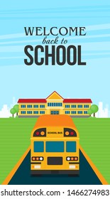 Yellow school bus back view flat illustration on background
