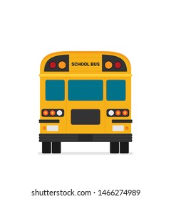 Yellow school bus back view flat illustration on background