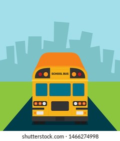 Yellow school bus back view flat illustration on background