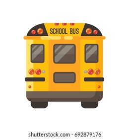 Yellow school bus back view flat illustration on white background