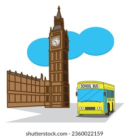 Yellow school bus background with Big Ben clock tower of Westminster palace London symbols of London England drawing in colorful cartoon vector