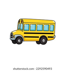 yellow school bus blue windows four wheels cartoon illustration for transportation convex style