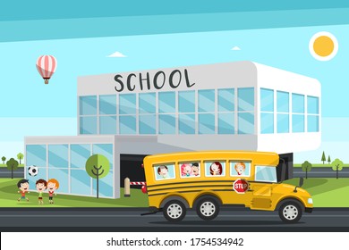 Autobús escolar amarillo con dibujos animados de vectores escolares