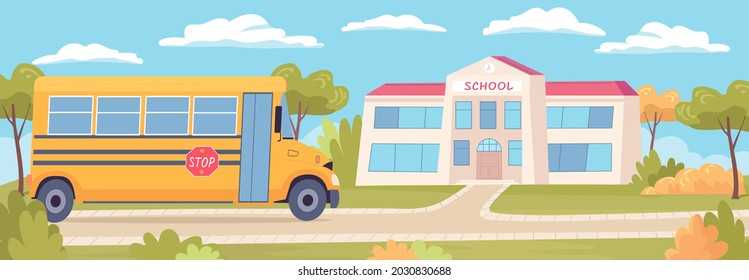 Yellow school bus at the school building vector landscape illustration