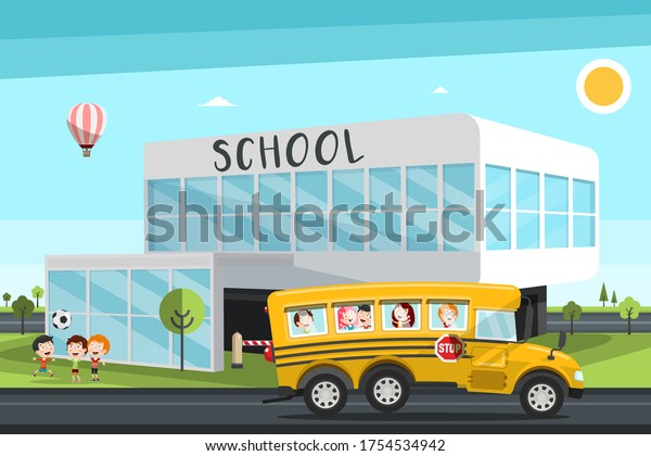 Yellow\
School Bus with School Building Vector\
Cartoon