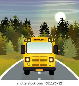 A yellow school bus with burning lights is on an asphalt road. Front view. Green lawn and spruce. Back to school. Autumnal vector landscape can be used in newsletter, brochures, postcards, banner.