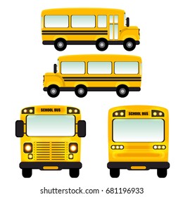 Yellow school bus with burning lights. Front, back and sides. Back to school. Vector illustration, isolated on white background, can be used in newsletter, brochures, postcards, banner.