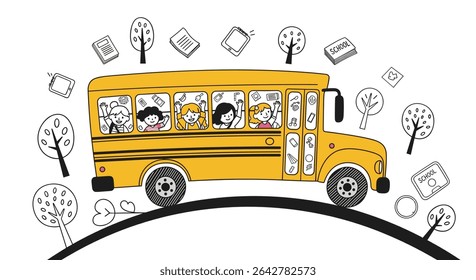 A Yellow School Bus Is Carrying Happy Students To Their First Day Of Class