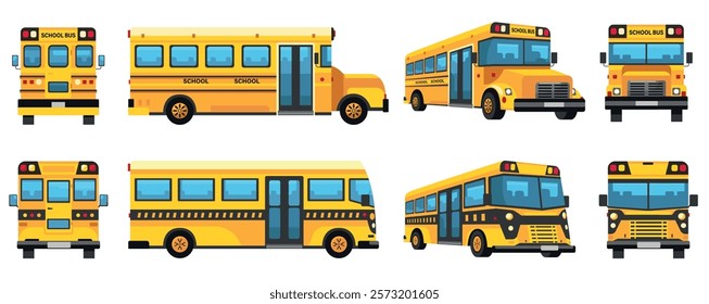 Yellow school bus. Cartoon city transport vehicle, different angle view of urban excursion bus, school transportation flat style. Vector isolated set.