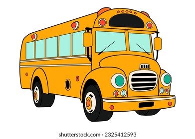 Yellow School Bus cartoon in doodle retro style. Back to school, three quarter view. Classic American car for educational transportation of children. Fun vector illustration isolated on white