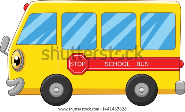 Yellow school bus\
cartoon on white\
background