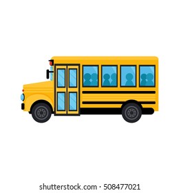 Yellow school bus with children flat icons isolation.  Back to school background