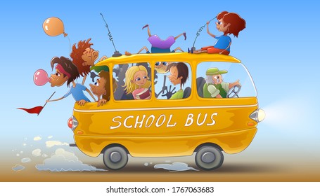 A yellow school bus with children going back to school for lessons after the summer holidays. The driver takes the students to college on September 1. Vector illustration, educational poster.