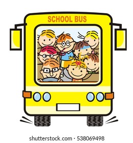 Yellow school bus and children, vector icon. Humorous illustration.