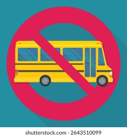 Yellow school bus with a circular red strikethrough prohibition symbol on a blue background with long shadow in flat design style