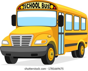 Yellow school bus close up on white background