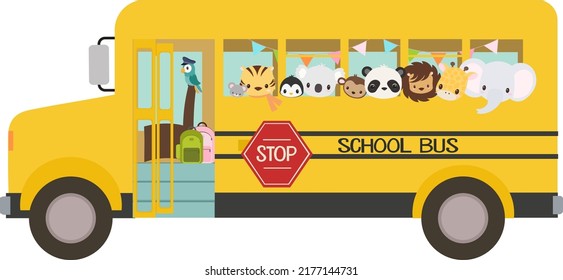 Yellow school bus with cute animals going to school and a parrot bus driver