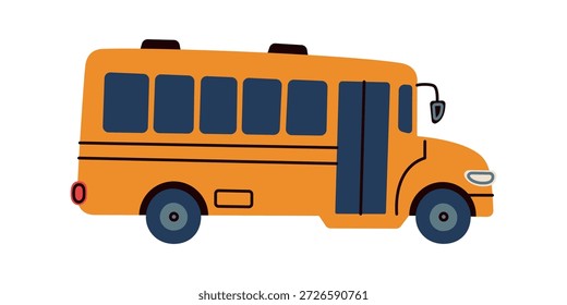 Autobús escolar amarillo en estilo lindo de la historieta, ilustración plana del Vector con el sentimiento amistoso. Transporte Urbana para la educación de los niños, temas de seguridad del tráfico, carteles, App, juegos y materiales de aprendizaje lúdicos