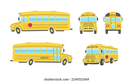 Yellow school bus from different angles. Front, back and two side views. Vector set in cartoon style.