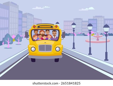 Yellow school bus with diverse happy children and driver. Front view, driving through a city street with buildings and streetlights. Ideal for education, school transport, and urban themes. Vector.