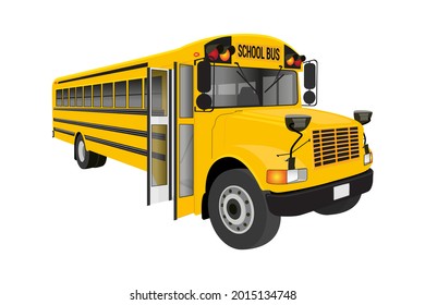 Yellow school Bus with doors open isolated on white background. Vector illustration