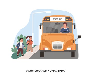 Yellow school bus driver arrived at stop with children. Kids entering schoolbus. Transport for schoolchildren. Flat vector illustration of schoolkid's transportation isolated on white background