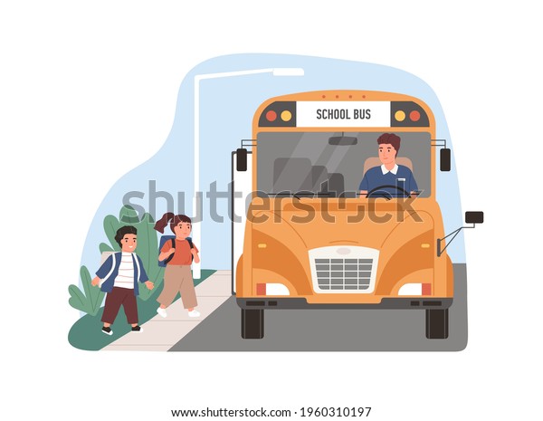 Yellow school bus driver arrived at stop with\
children. Kids entering schoolbus. Transport for schoolchildren.\
Flat vector illustration of schoolkid\'s transportation isolated on\
white background