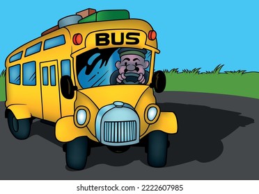 Yellow School Bus with Driver - Colored Cartoon Illustration with Background, Vector