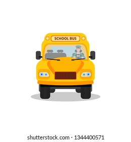 Yellow school bus  with driver, front view. Back to school design. Vector illustration isolated on a white background.