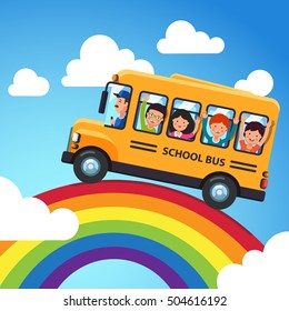 Yellow school bus. Driver with kids riding over the rainbow. Blue sky trip. Flat style cartoon vector illustration.