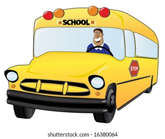 Yellow School Bus With Driver. Vector Image.