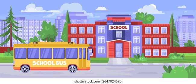 A yellow school bus is driving down the street. The bus is parked in front of a school building. Vector illustration in a flat style