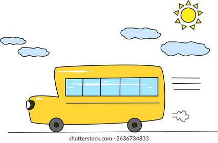Yellow School Bus Driving on Sunny Day Vector Illustration for Education, Transportation, and Kids Learning Design