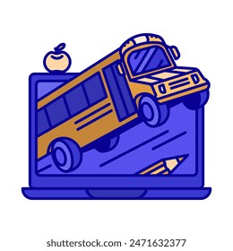 Un autobús escolar amarillo sale volando de una laptop azul. Un icono coloreado y hecho en un fondo blanco para la educación