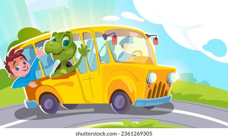 Yellow school bus. Floral poster with kids and schoolchildren, road and transport. Characters with turtle rolling in car. Education, study and learning concept. Cartoon flat vector illustration