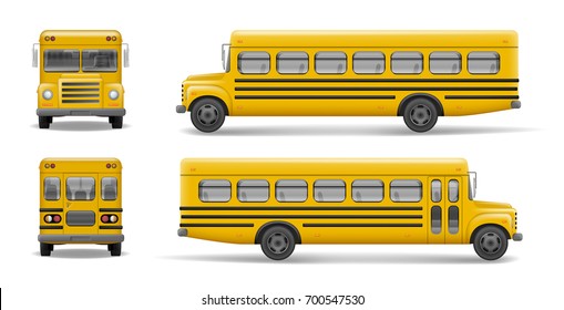 Yellow school bus front, back and side view. Transportation and vehicle transport, back to the school. Relistic bus mockup. Vector illustration