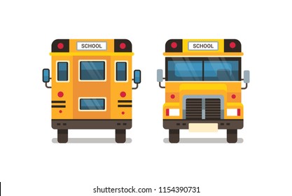 yellow school bus front rear view pupils transport concept on white background flat horizontal vector illustration