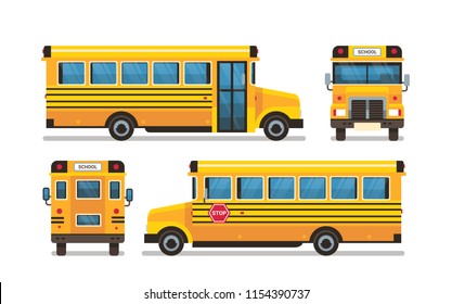 yellow school bus front side rear view pupils transport concept on white background flat horizontal vector illustration