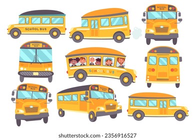 La parte delantera, lateral y trasera del autobús escolar amarillo fijó el transporte para la entrega de los alumnos en la ilustración del vector educativo. Servicio de transporte de pasajeros en autobús, transporte público, minibús de excursiones comerciales