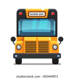 Yellow school bus front view. Colorful flat style vector illustration isolated on white background.