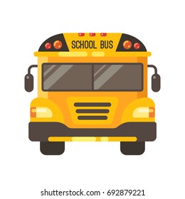 Yellow school bus front view flat illustration on white background